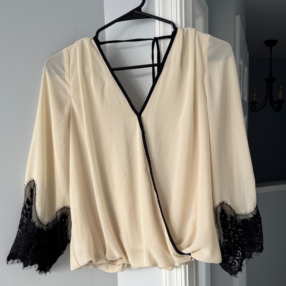 A. Byer Cream and Black Lace Blouse